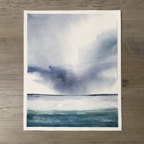 Original Watercolor Seascape Painting Stormy Moody Atmospheric Drama 8x10 Signed - Picture 2 of 2